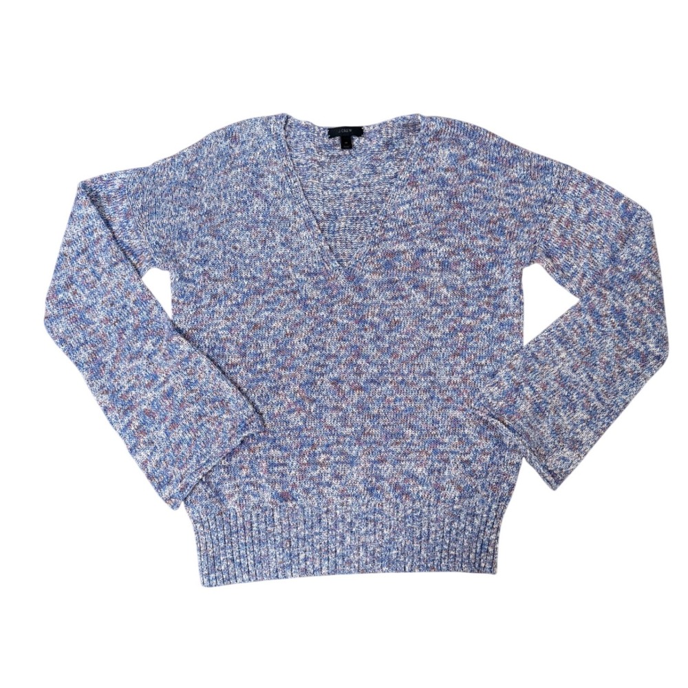 J. Crew Women's Medium Blue Marl Space Dye V-Neck Cotton Blend Sweater